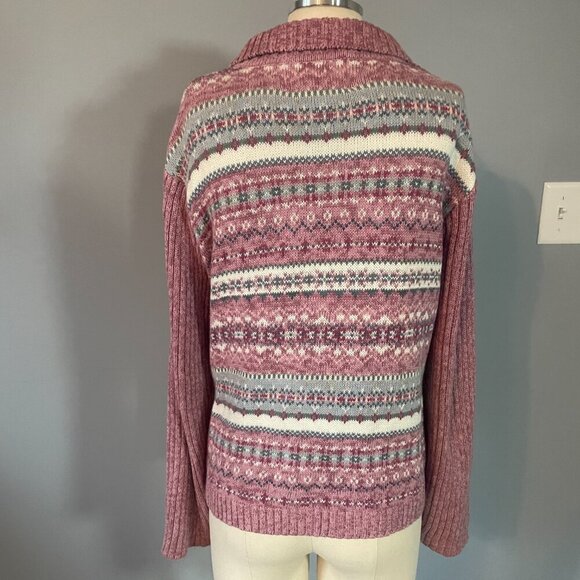Vintage 90s Fair Isle Nordic Zip Up Cotton & Ramie Knit Cardigan - Picture 6 of 10